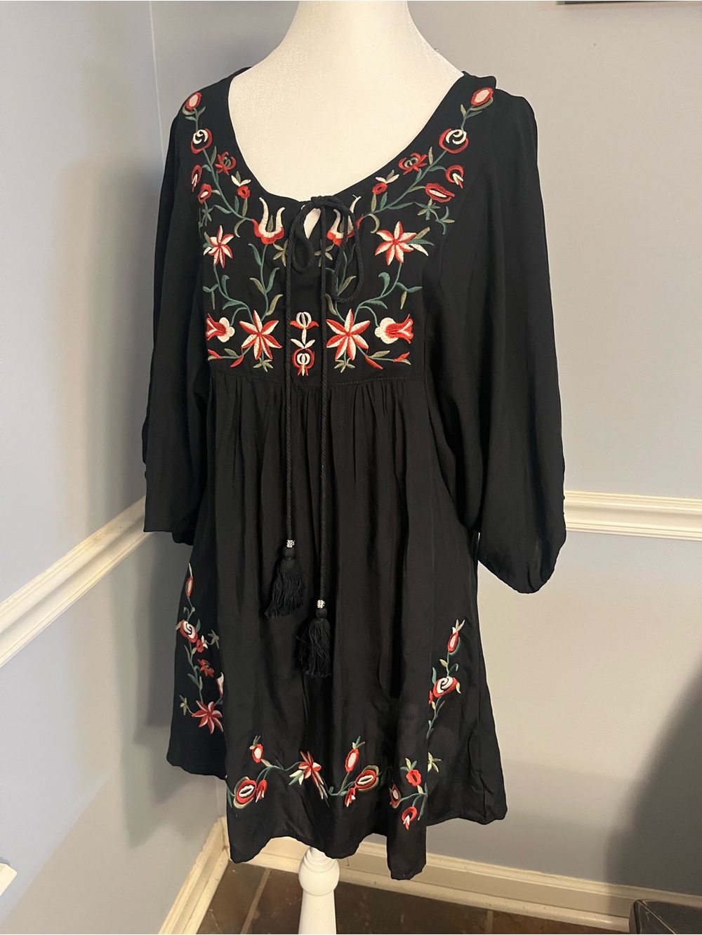 Boho Futurino black dress with Red embroidered Floral Detail